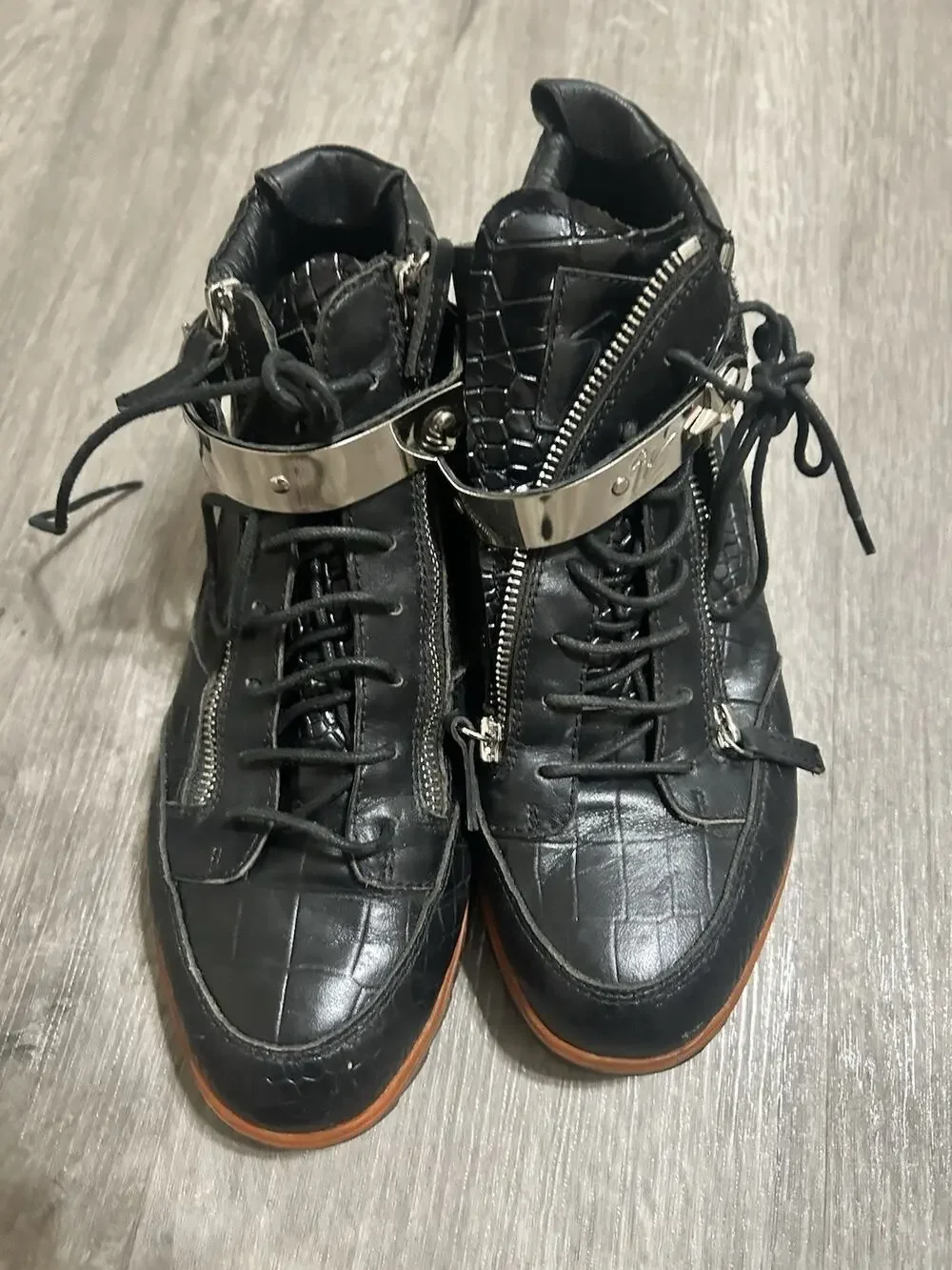 Giuseppe Zanotti Black Croc Embossed Leather High Top Sneakers Double Zip EU 39